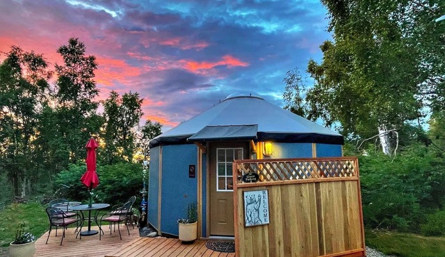 Fanciful mountainside yurt with private bathhouse
