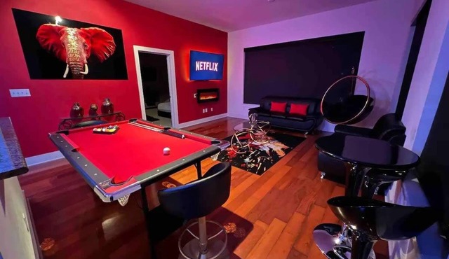 The Red Room - Cloud Ceilings - Patio & Bathroom TV
